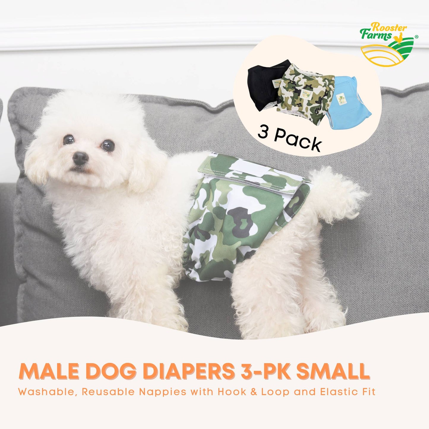 Rooster Farms Male Dog Diapers Small 3Pk - Washable Reusable Nappies Hook/Loop - Image 3