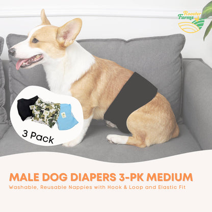 Rooster Farms Male Dog Diapers Medium 3Pk - Washable Reusable Nappies Hook/Loop - Image 4