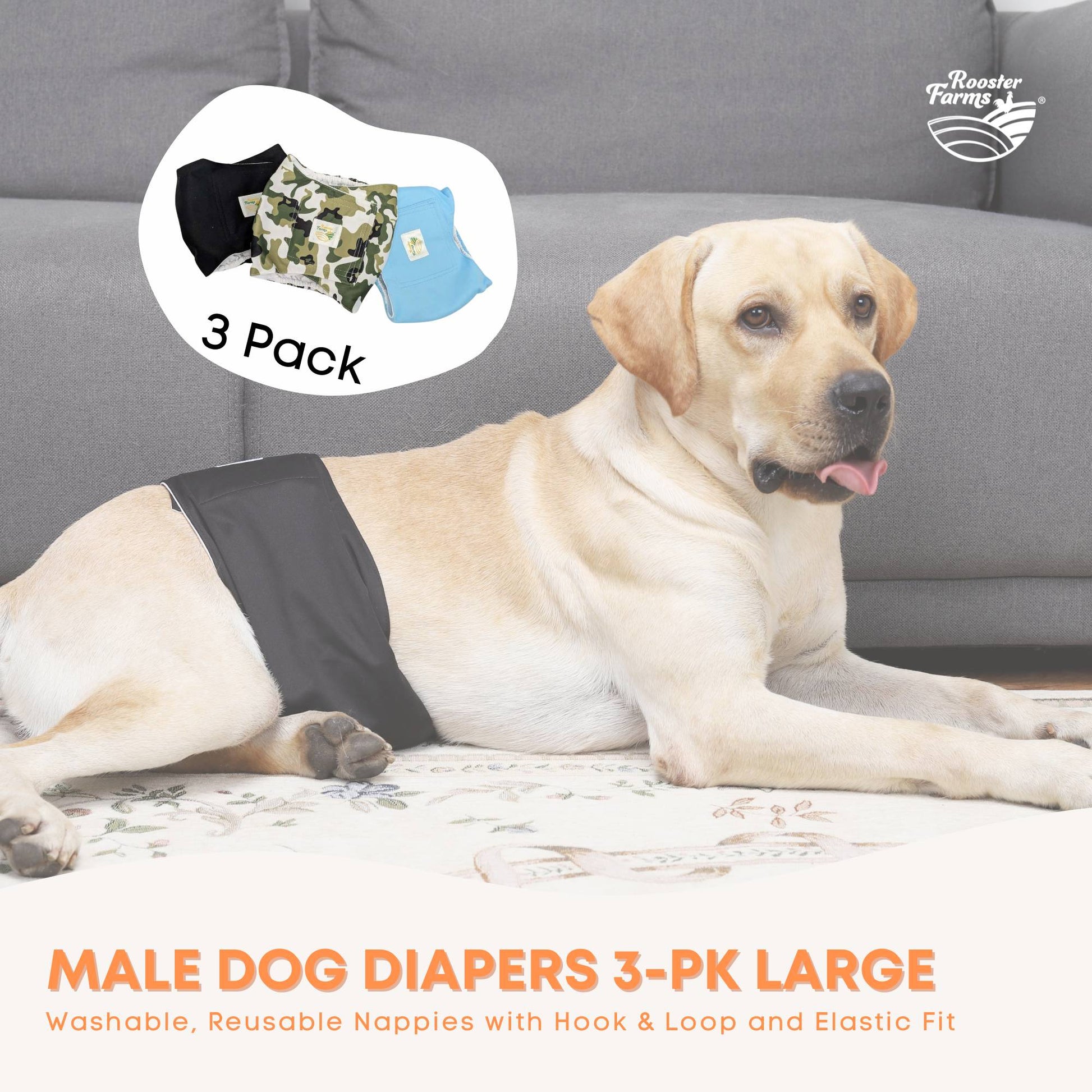 Rooster Farms Male Dog Diapers Large 3Pk - Washable Reusable Nappies Hook/Loop - Image 3