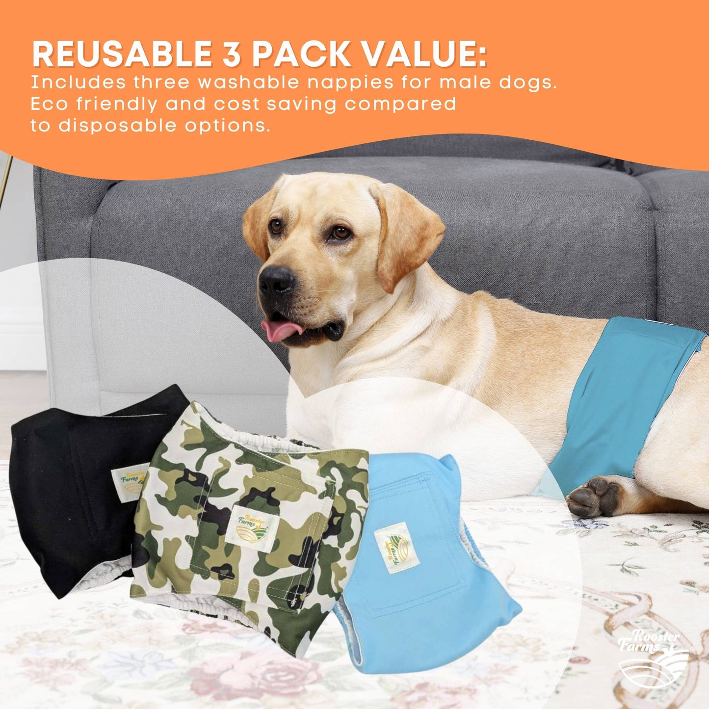 Rooster Farms Male Dog Diapers Large 3Pk - Washable Reusable Nappies Hook/Loop - Image 5