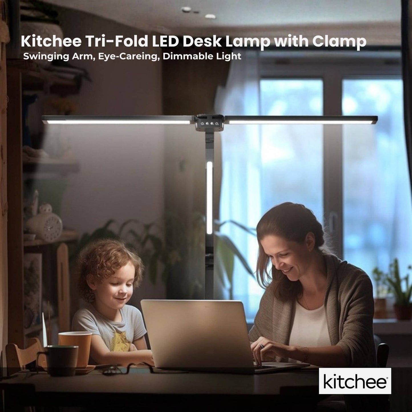 Kitchee Tri-Fold LED Desk Lamp with Clamp - Swinging Arm Eye-Care Dimmable Light - Image 2