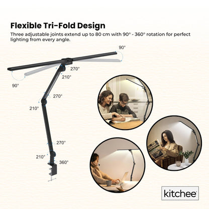 Kitchee Tri-Fold LED Desk Lamp with Clamp - Swinging Arm Eye-Care Dimmable Light - Image 3