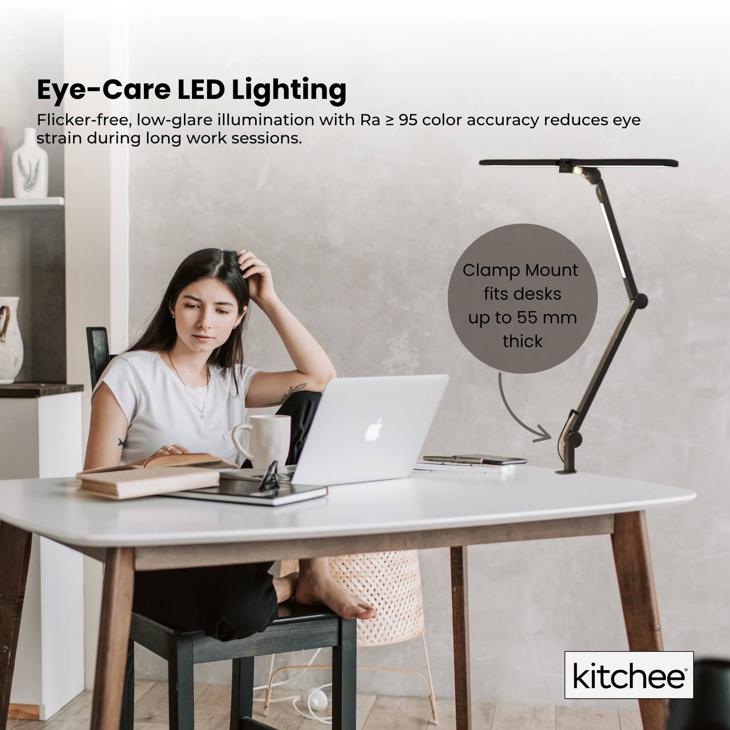 Kitchee Tri-Fold LED Desk Lamp with Clamp - Swinging Arm Eye-Care Dimmable Light - Image 4