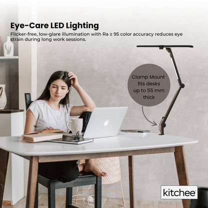 Kitchee Tri-Fold LED Desk Lamp with Clamp - Swinging Arm Eye-Care Dimmable Light - Image 4
