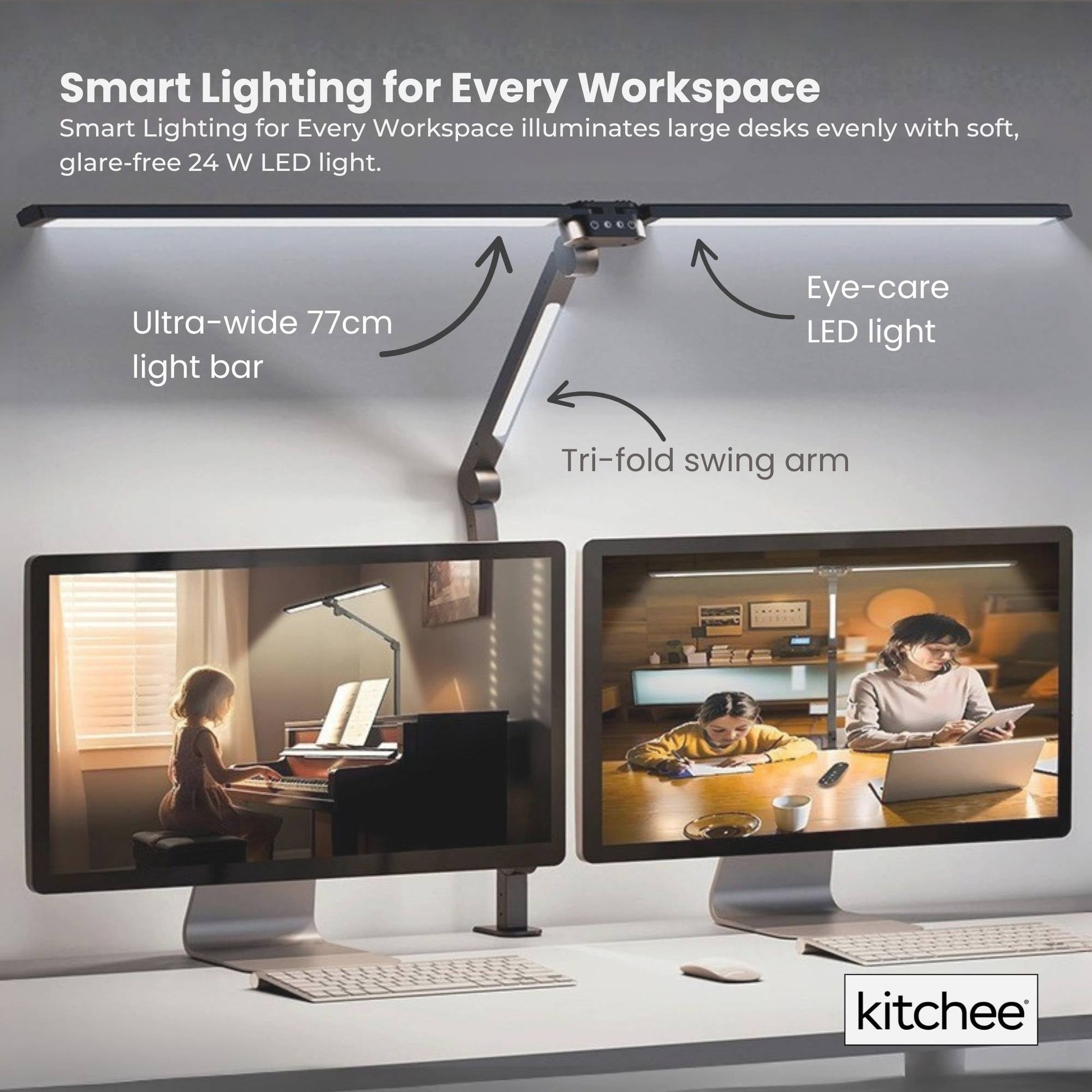 Kitchee Tri-Fold LED Desk Lamp with Clamp - Swinging Arm Eye-Care Dimmable Light - Image 6