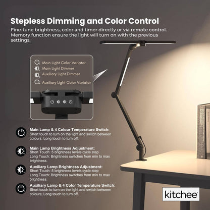 Kitchee Tri-Fold LED Desk Lamp with Clamp - Swinging Arm Eye-Care Dimmable Light - Image 8