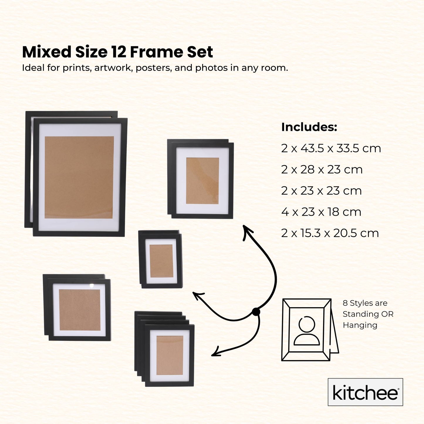 Kitchee 12 Pieces Photo Frame Set - Modern Gallery Wall Mixed Sizes Matt Black - Image 3