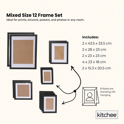 Kitchee 12 Pieces Photo Frame Set - Modern Gallery Wall Mixed Sizes Matt Black - Image 3