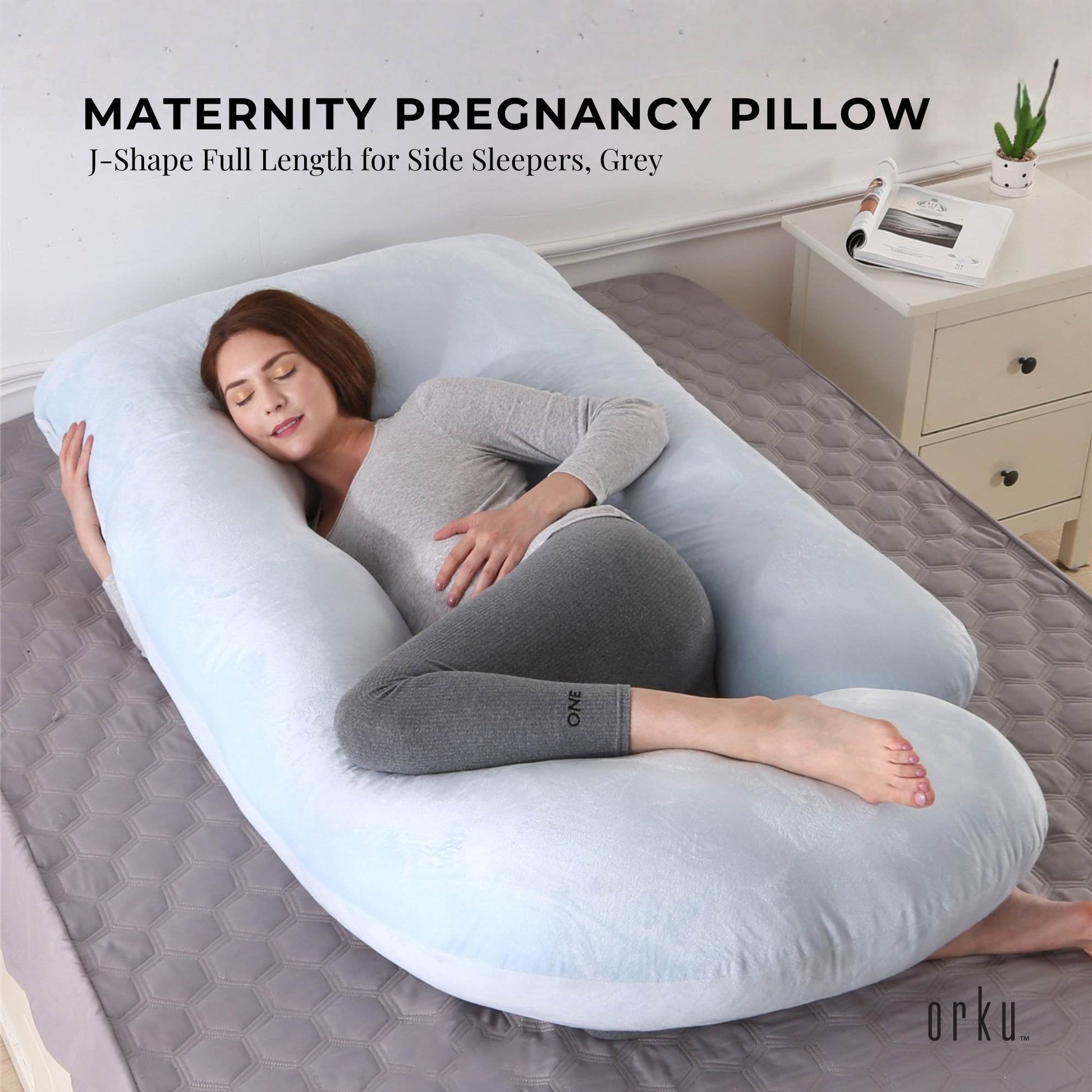 Orku Maternity Pregnancy Pillow - J-Shape Full Body Length for Side Sleeper Grey - Image 2