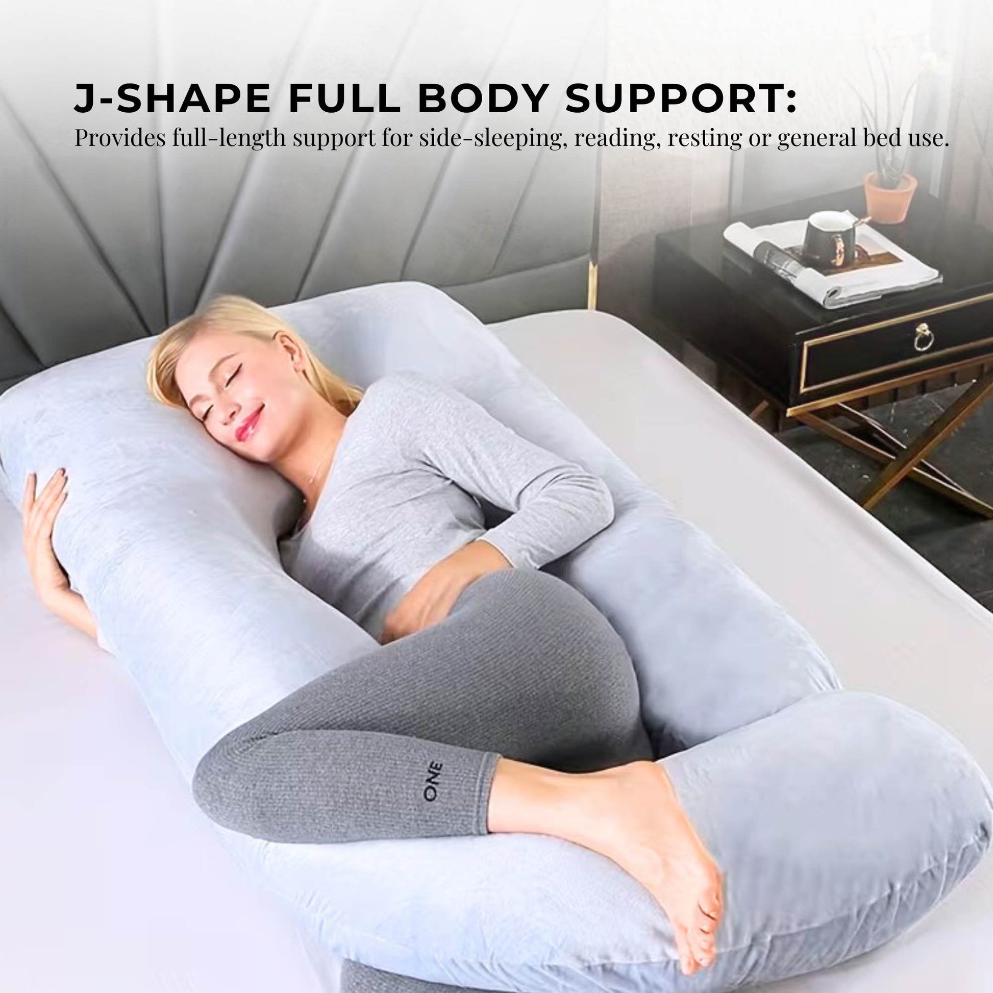 Orku Maternity Pregnancy Pillow - J-Shape Full Body Length for Side Sleeper Grey - Image 4