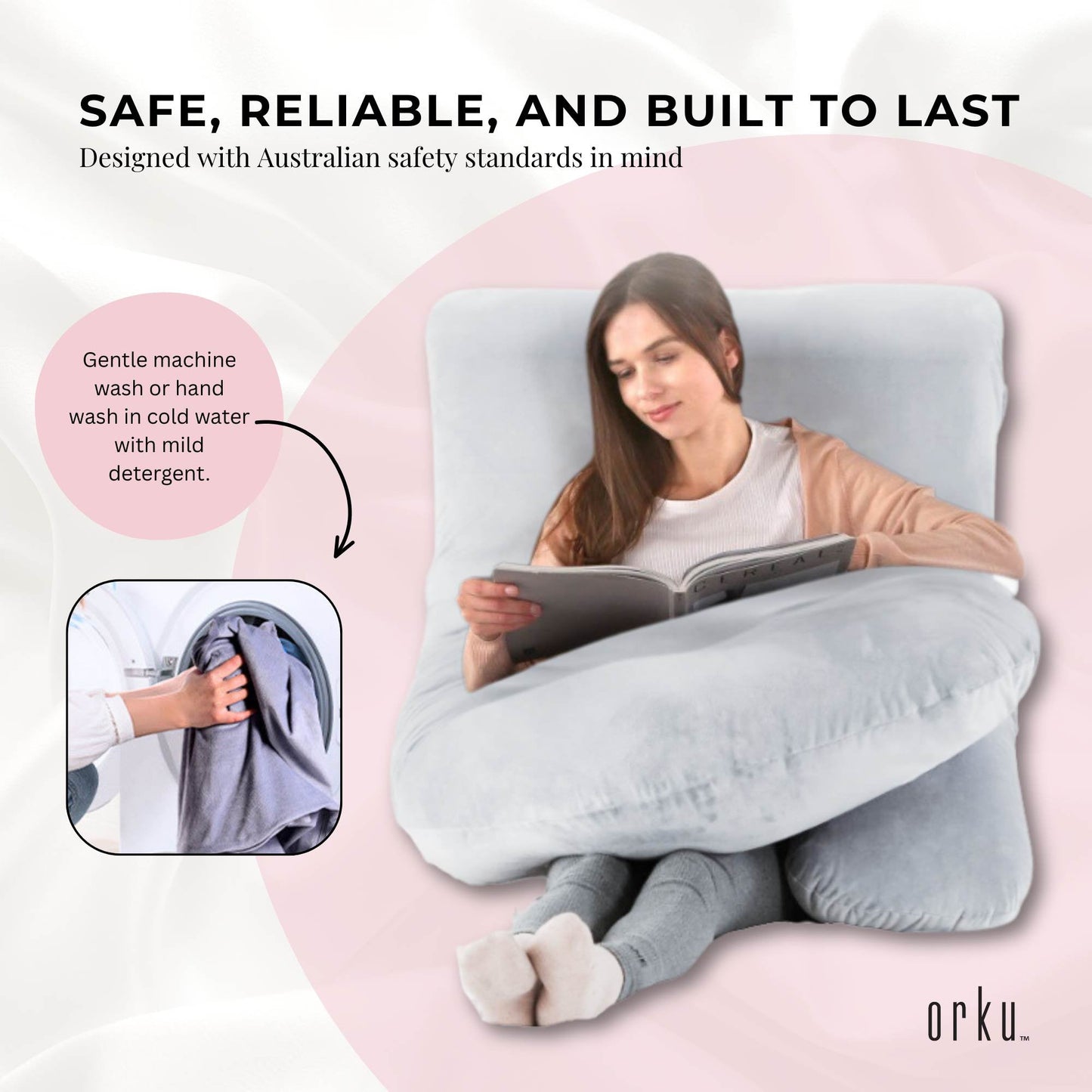 Orku Maternity Pregnancy Pillow - J-Shape Full Body Length for Side Sleeper Grey - Image 5