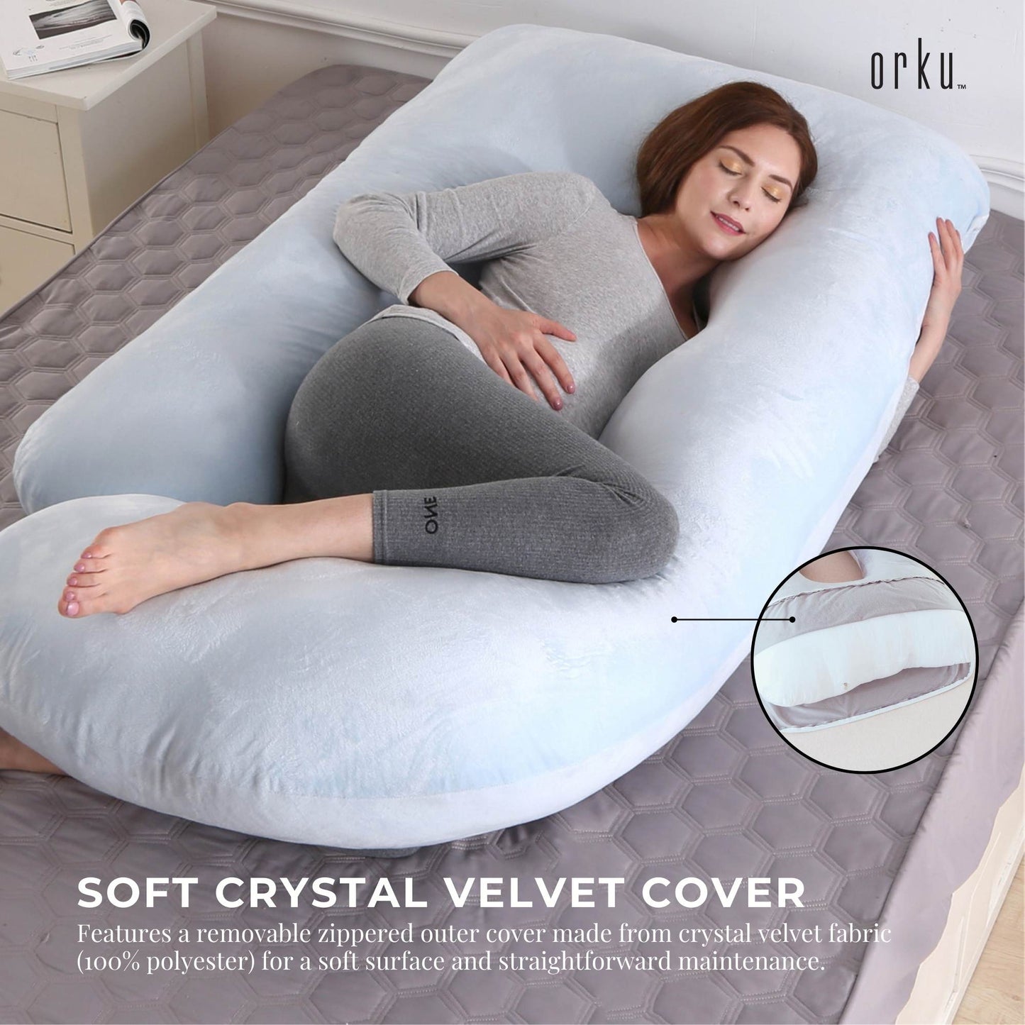 Orku Maternity Pregnancy Pillow - J-Shape Full Body Length for Side Sleeper Grey - Image 8