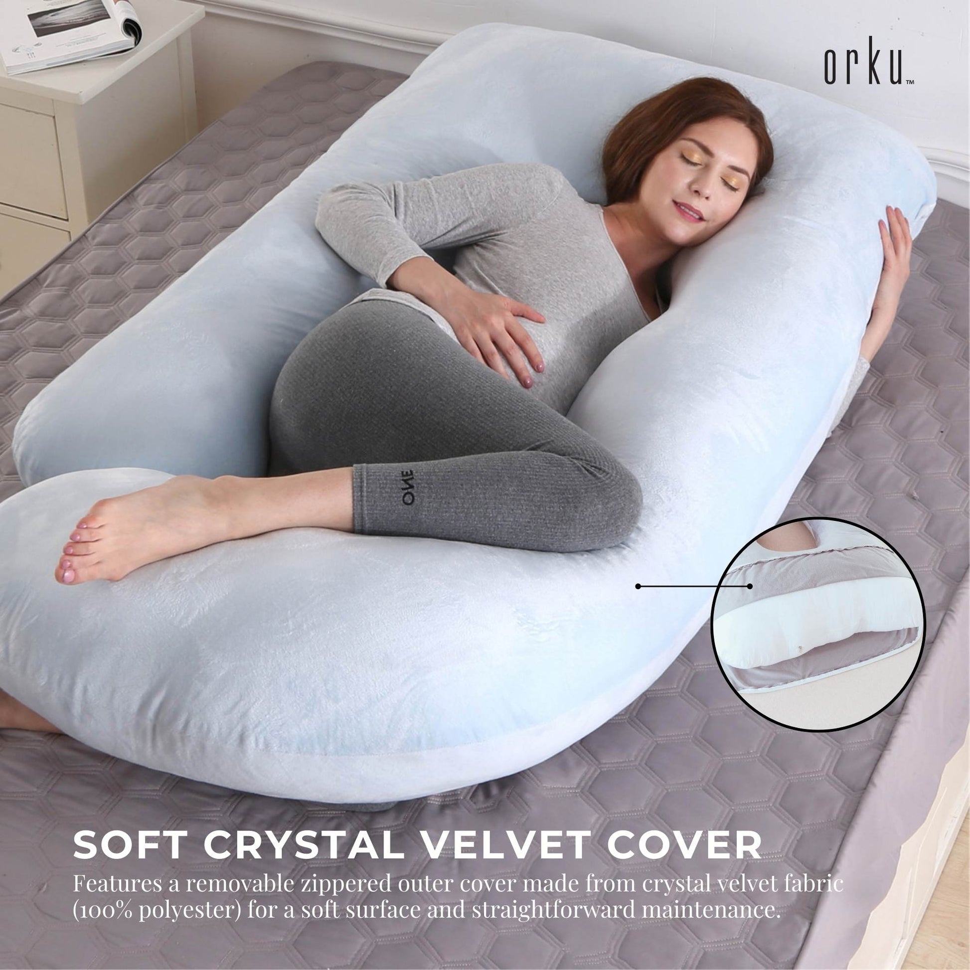 Orku Maternity Pregnancy Pillow - J-Shape Full Body Length for Side Sleeper Grey - Image 8