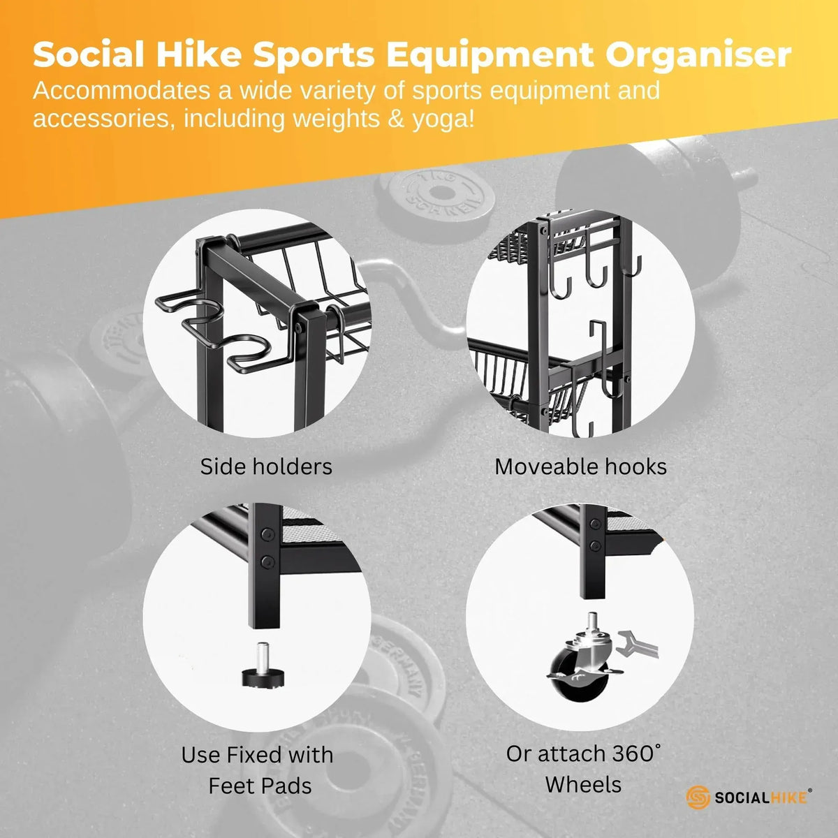 Social Hike Sports Equipment Storage Organiser and Side Rack Garage Trolley - Image 6