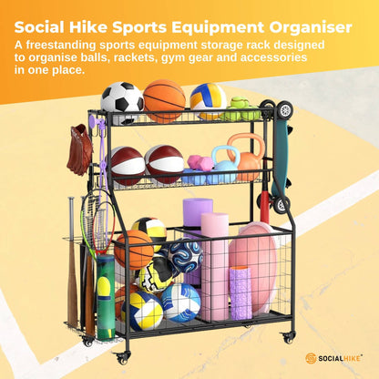 Social Hike Sports Equipment Storage Organiser with Side Rack Garage Trolley - Image 2
