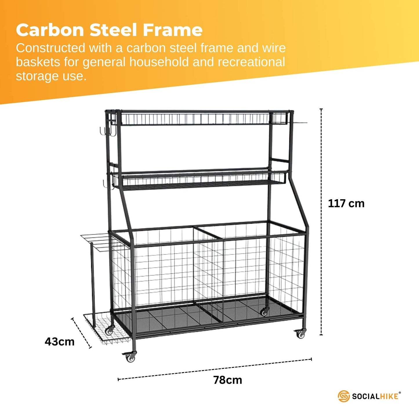 Social Hike Sports Equipment Storage Organiser with Side Rack Garage Trolley - Image 3