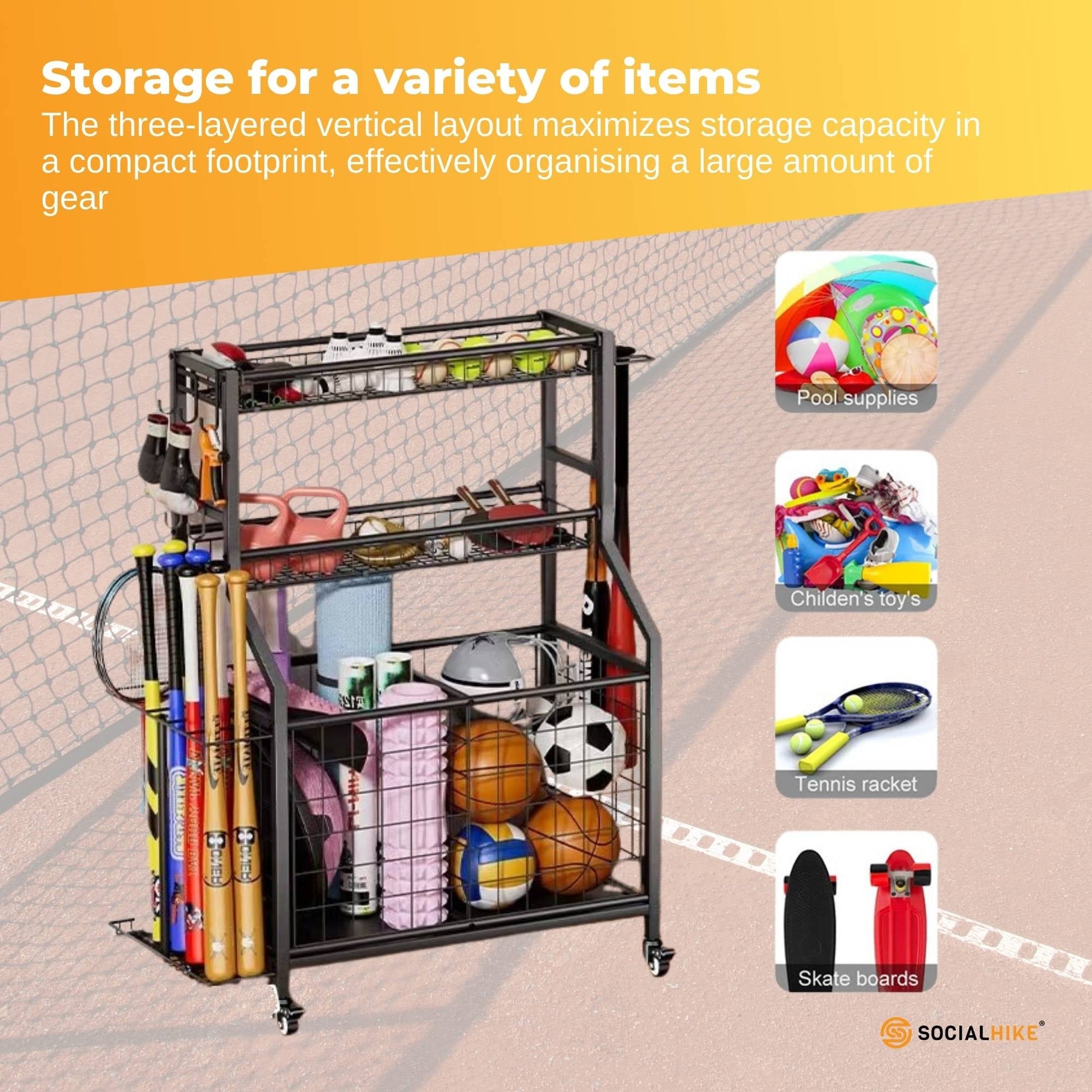 Social Hike Sports Equipment Storage Organiser with Side Rack Garage Trolley - Image 4