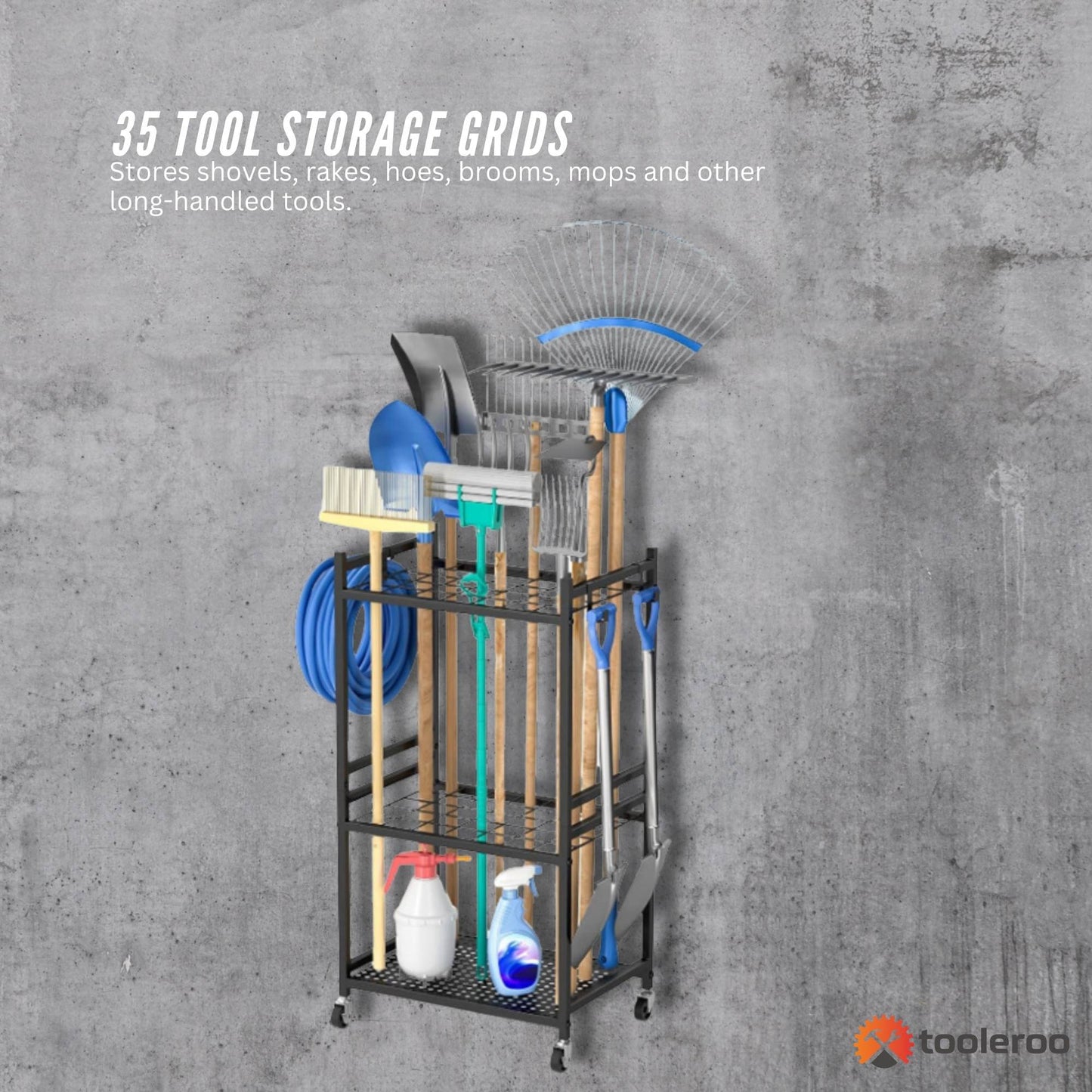 Tooleroo Garden Tool Organiser Rack - Rolling Storage Trolley for Yard Garage - Image 2