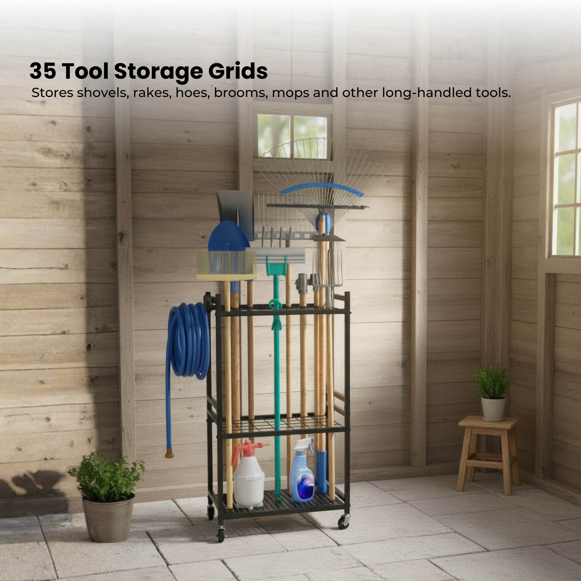 Tooleroo Garden Tool Organiser Rack - Rolling Storage Trolley for Yard Garage - Image 5
