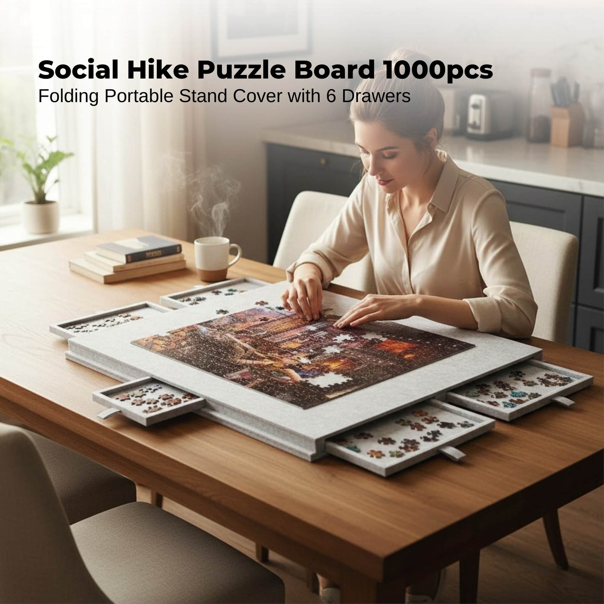 Social Hike Puzzle Board 1000 pcs - Felt Tilting Portable Cover + Drawers Silver - Image 2