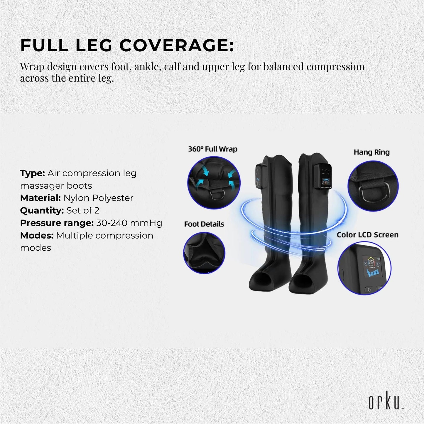 Orku Cordless Full Leg Air Compression Massager Boots - Rechargeable Large - Image 5