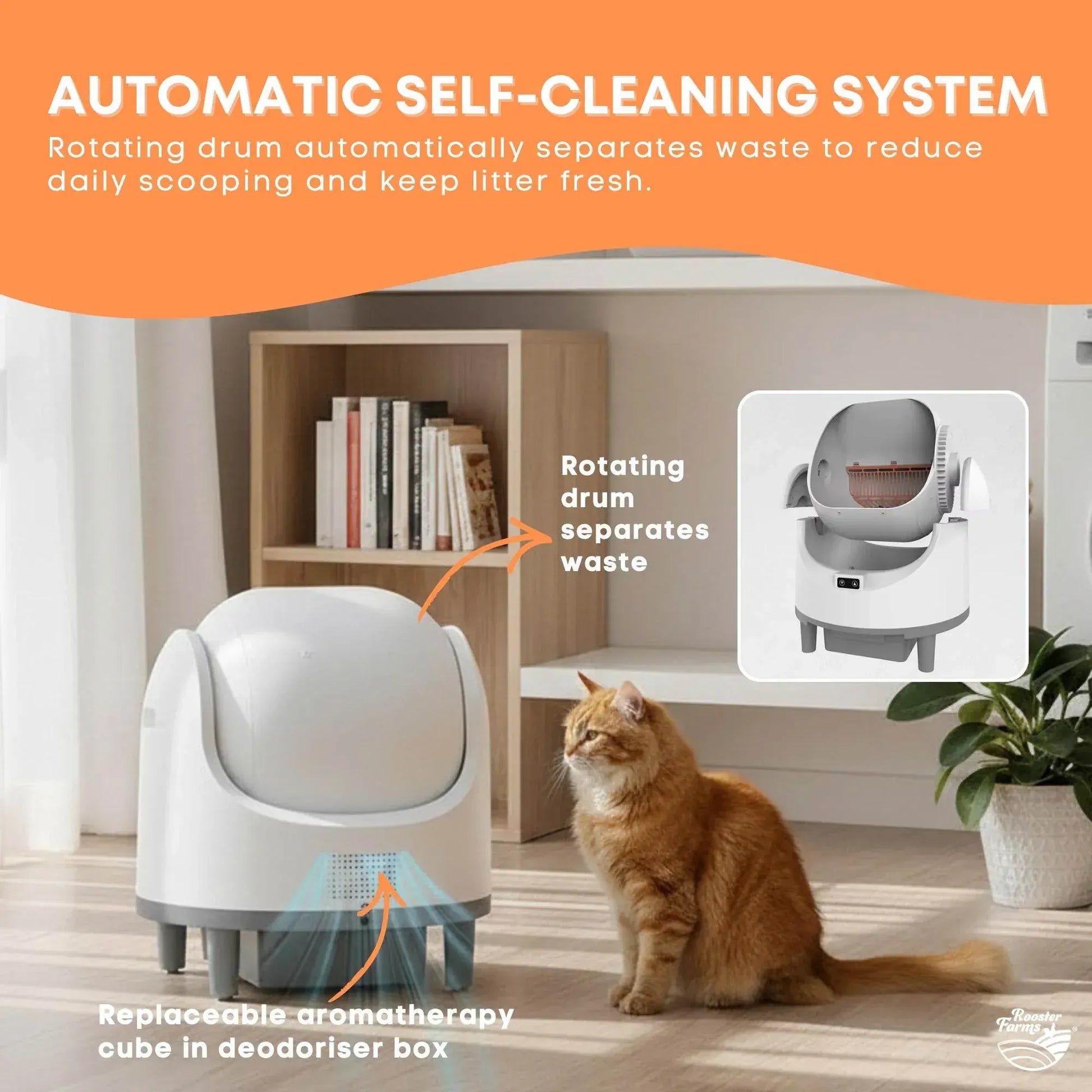 Rooster Farms Smart Cat Litter Box Automatic WiFi Self Cleaning Tray 68L - Image 3