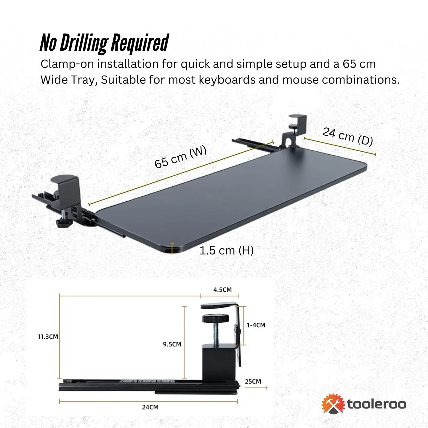 Tooleroo Computer Keyboard Tray Under Desk Clamp On Pull Out 65cm - Black - Image 4