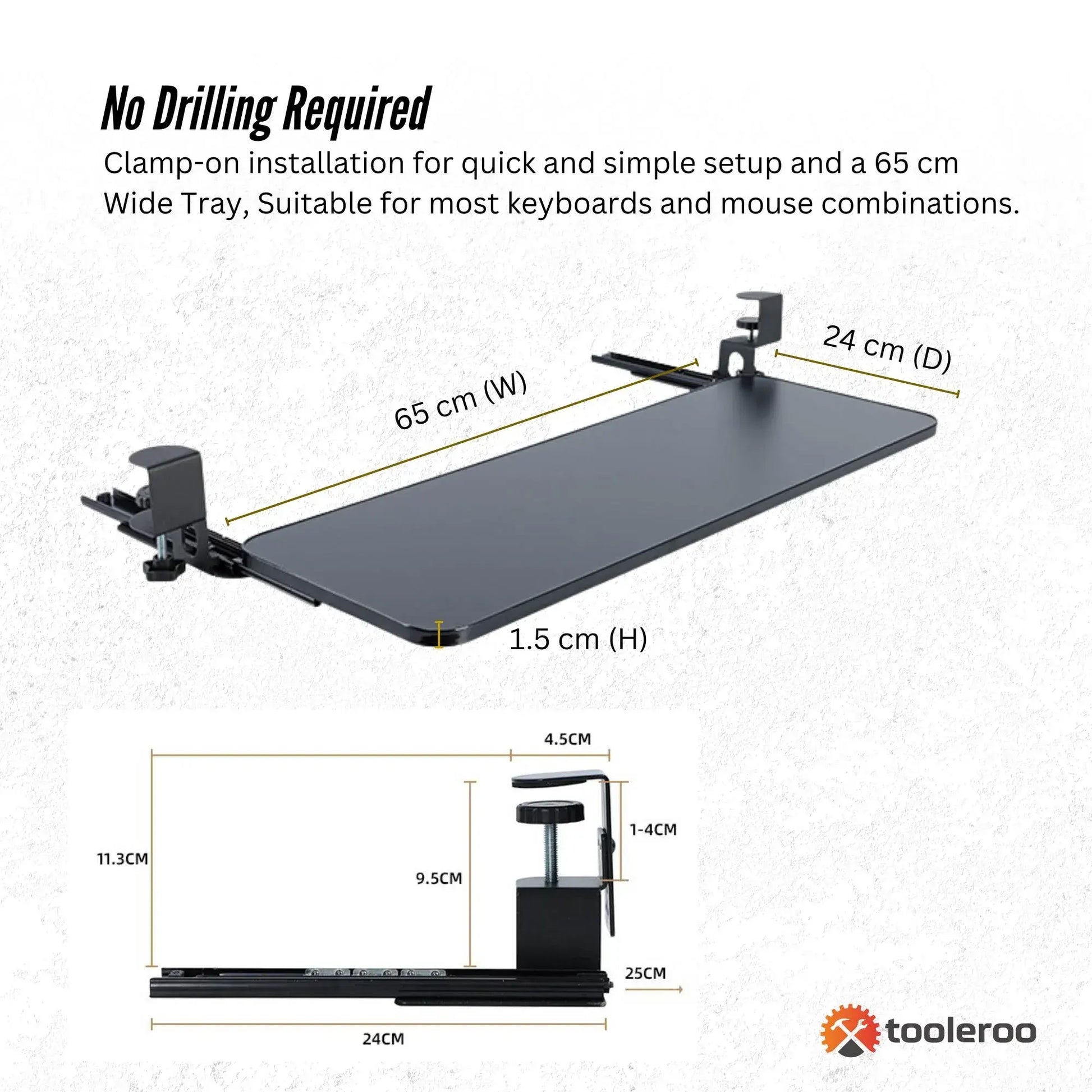 Tooleroo Computer Keyboard Tray Under Desk Clamp On Pull Out 65cm - Black - Image 4