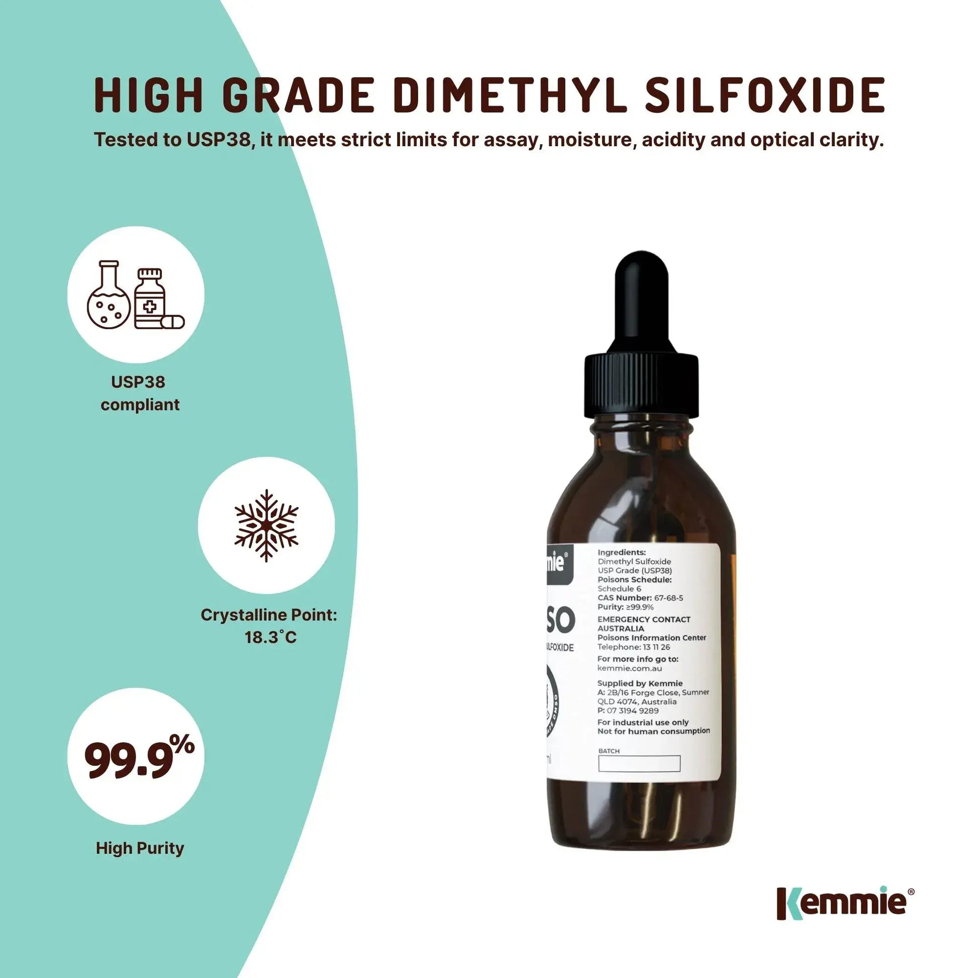 Kemmie 100ml DMSO Liquid 99.9% Pure - USP Grade Dimethyl Sulfoxide Dropper - Image 3