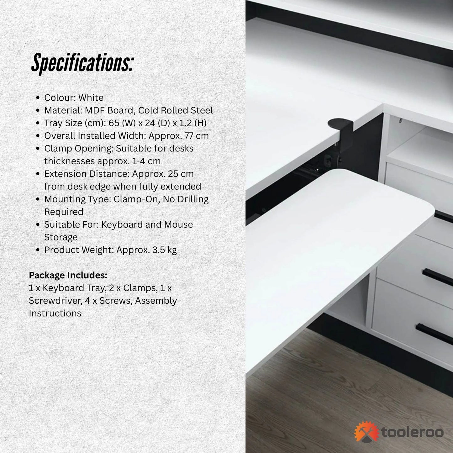 Tooleroo Computer Keyboard Tray Under Desk Clamp On Pull Out 65cm - White - Image 7