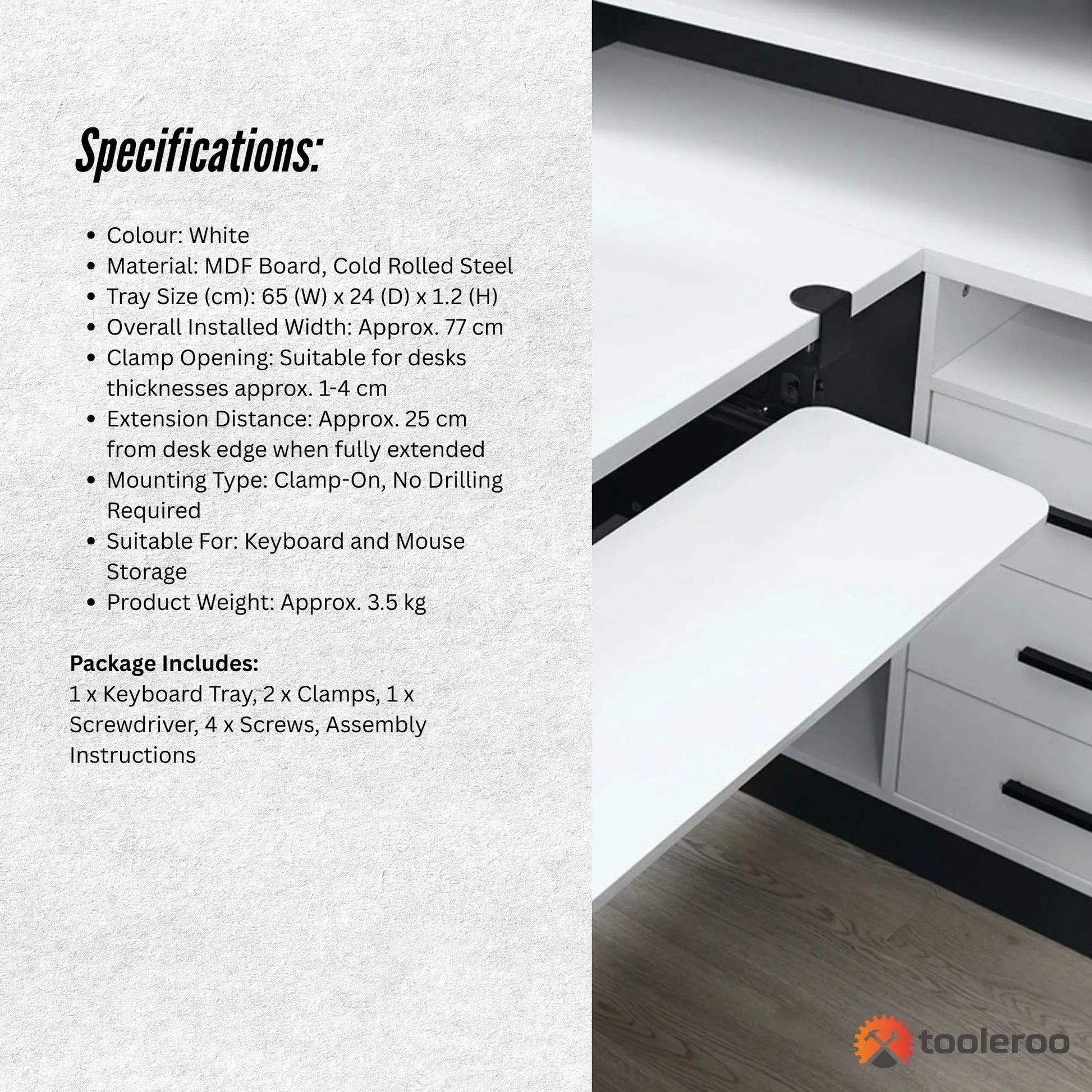 Tooleroo Computer Keyboard Tray Under Desk Clamp On Pull Out 65cm - White - Image 7