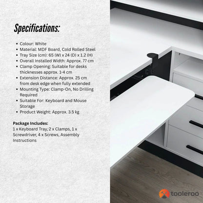 Tooleroo Computer Keyboard Tray Under Desk Clamp On Pull Out 65cm - White - Image 7