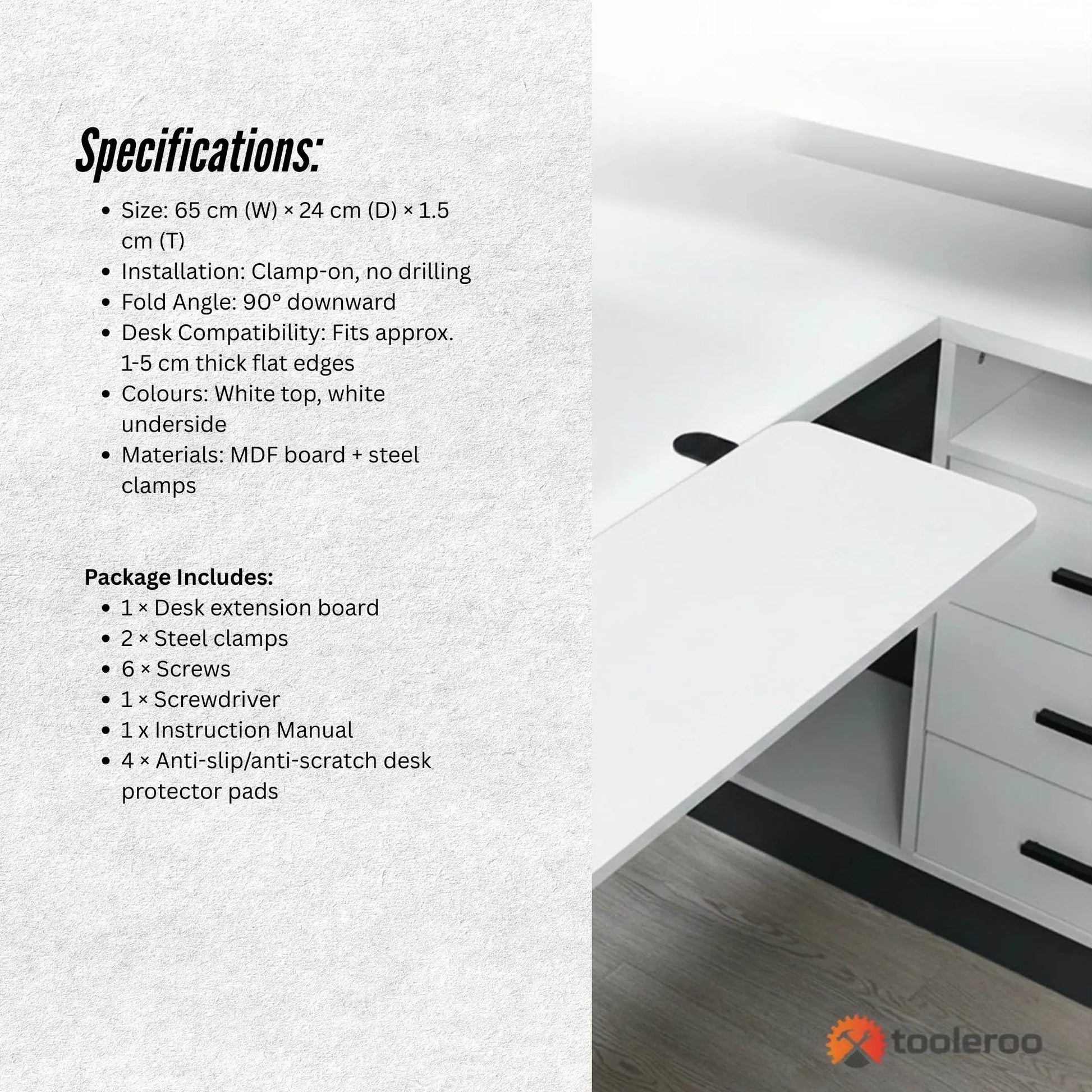 Tooleroo Folding Tray Desk Extender - Clamp-On Table Extension Shelf White - Image 7