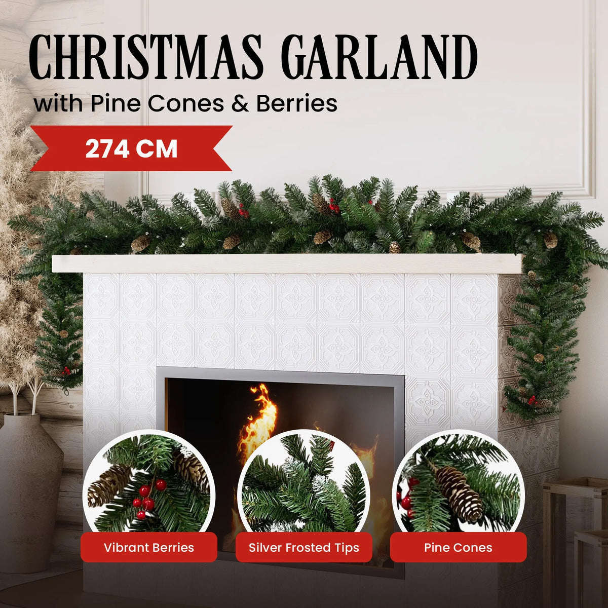 Christabelle 2.7m Christmas Garland with Pine Cones & Berries Pine Tree Decoration Ornament - Image 3