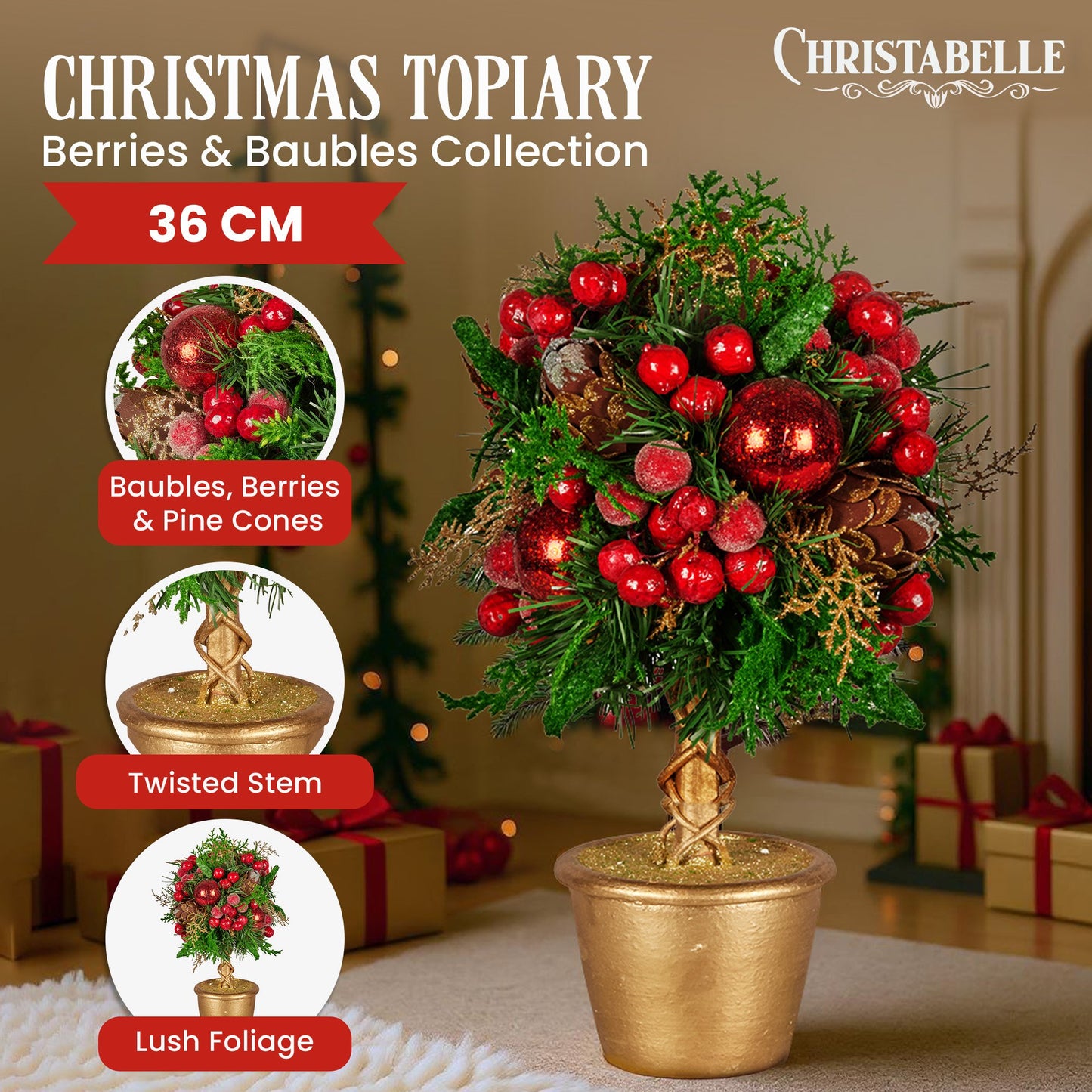 Christabelle 36cm Christmas Tabletop Topiary Tree Pre-Decorated Berries, Baubles & Pine Cones Gold Pot Twisted Stem Festive Decoration - Image 2