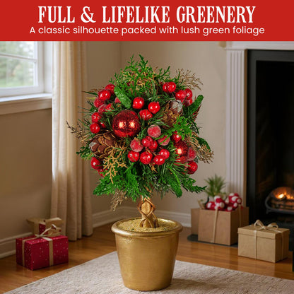 Christabelle 36cm Christmas Tabletop Topiary Tree Pre-Decorated Berries, Baubles & Pine Cones Gold Pot Twisted Stem Festive Decoration - Image 6