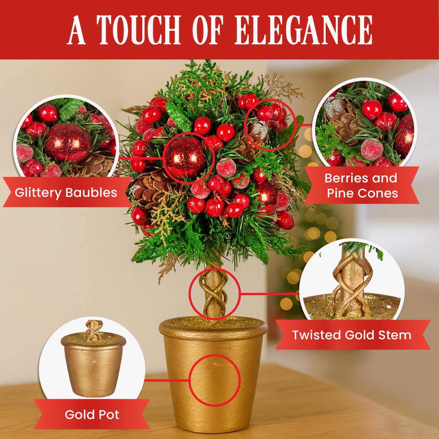 Christabelle 36cm Christmas Tabletop Topiary Tree Pre-Decorated Berries, Baubles & Pine Cones Gold Pot Twisted Stem Festive Decoration - Image 7