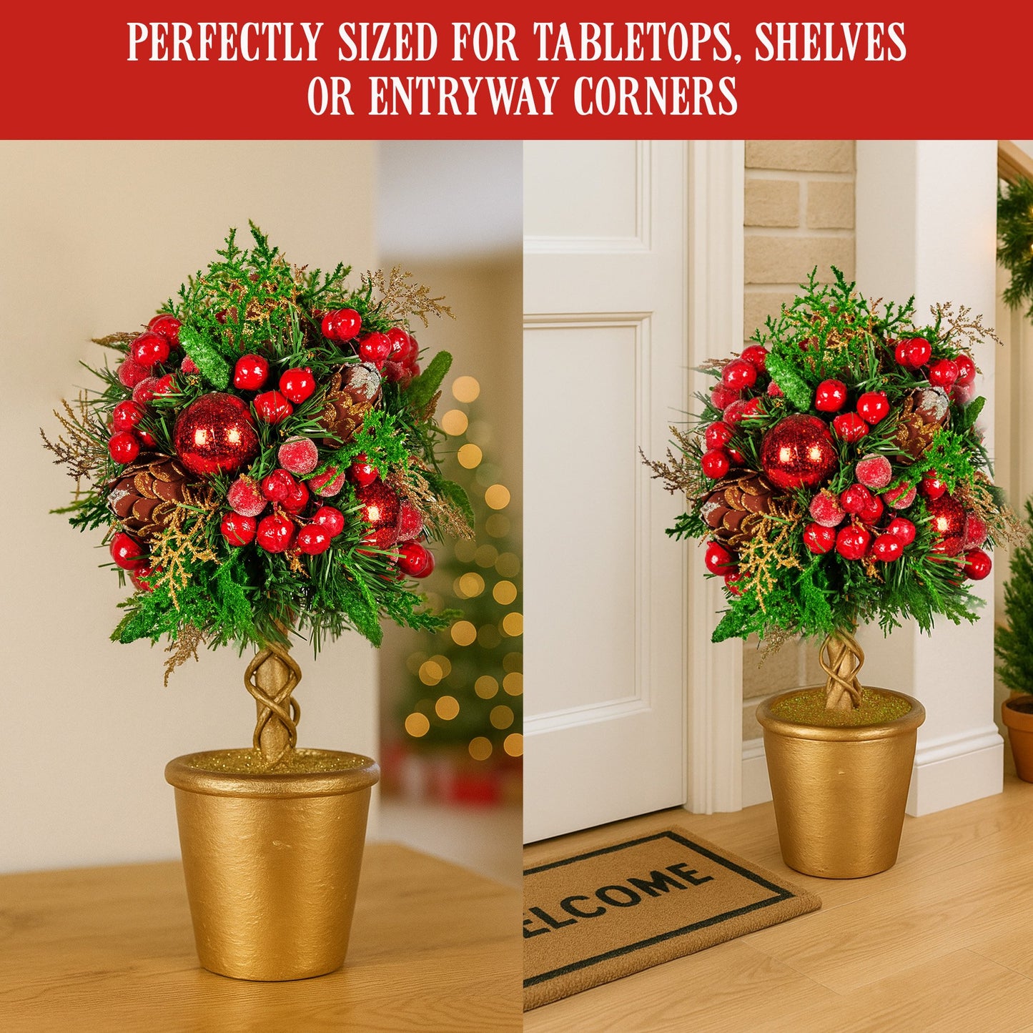 Christabelle 36cm Christmas Tabletop Topiary Tree Pre-Decorated Berries, Baubles & Pine Cones Gold Pot Twisted Stem Festive Decoration - Image 8