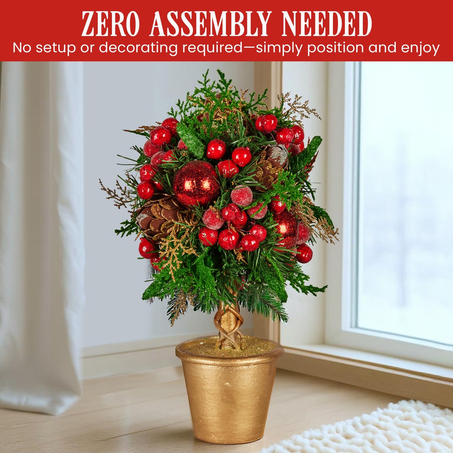 Christabelle 36cm Christmas Tabletop Topiary Tree Pre-Decorated Berries, Baubles & Pine Cones Gold Pot Twisted Stem Festive Decoration - Image 9