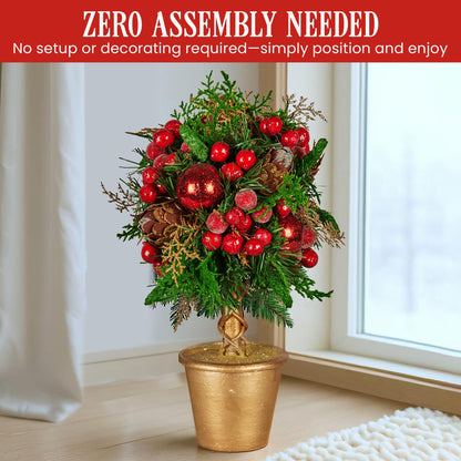Christabelle 36cm Christmas Tabletop Topiary Tree Pre-Decorated Berries, Baubles & Pine Cones Gold Pot Twisted Stem Festive Decoration - Image 9