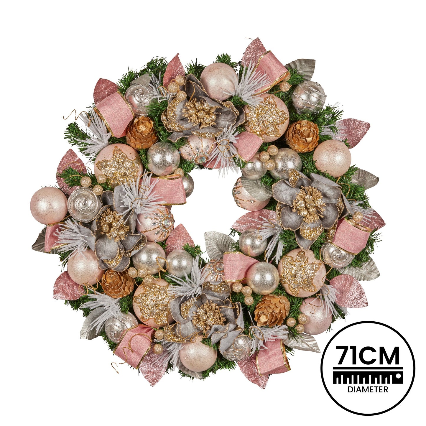 Christabelle 71cm Christmas Wreath Lush Pink Front Door Decoration Jewelled Baubles Flowers Pine Cones Ribbons Ornaments - Image 4
