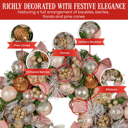 Christabelle 71cm Christmas Wreath Lush Pink Front Door Decoration Jewelled Baubles Flowers Pine Cones Ribbons Ornaments - Image 6