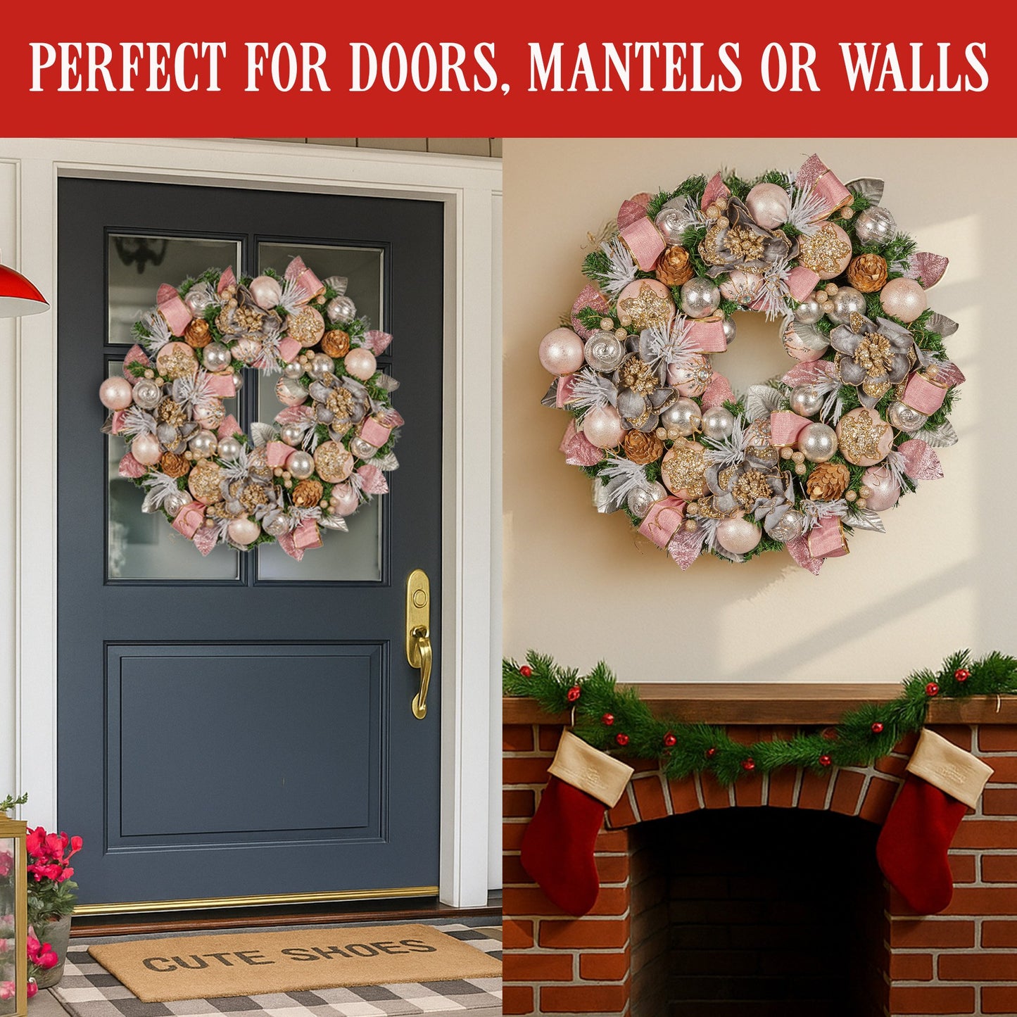 Christabelle 71cm Christmas Wreath Lush Pink Front Door Decoration Jewelled Baubles Flowers Pine Cones Ribbons Ornaments - Image 7