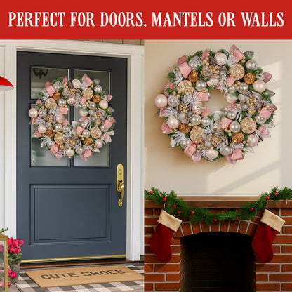 Christabelle 71cm Christmas Wreath Lush Pink Front Door Decoration Jewelled Baubles Flowers Pine Cones Ribbons Ornaments - Image 7