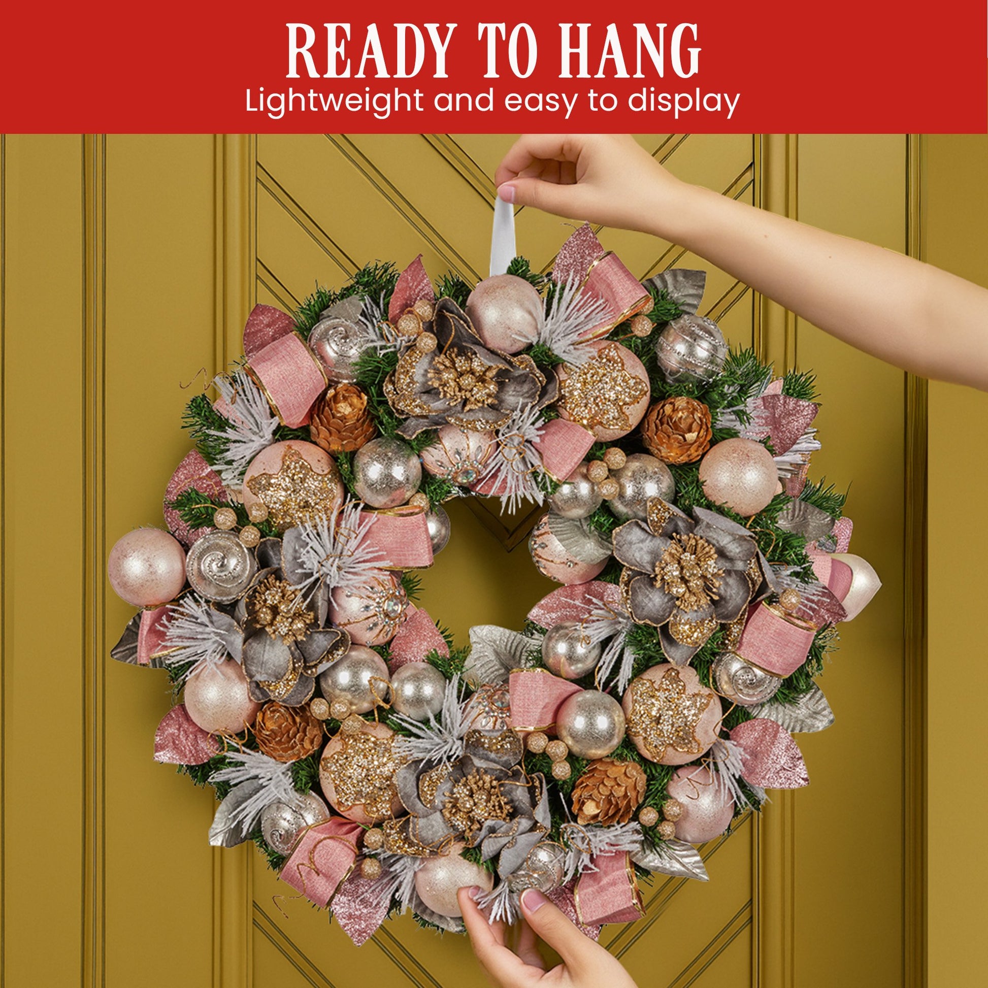 Christabelle 71cm Christmas Wreath Lush Pink Front Door Decoration Jewelled Baubles Flowers Pine Cones Ribbons Ornaments - Image 8