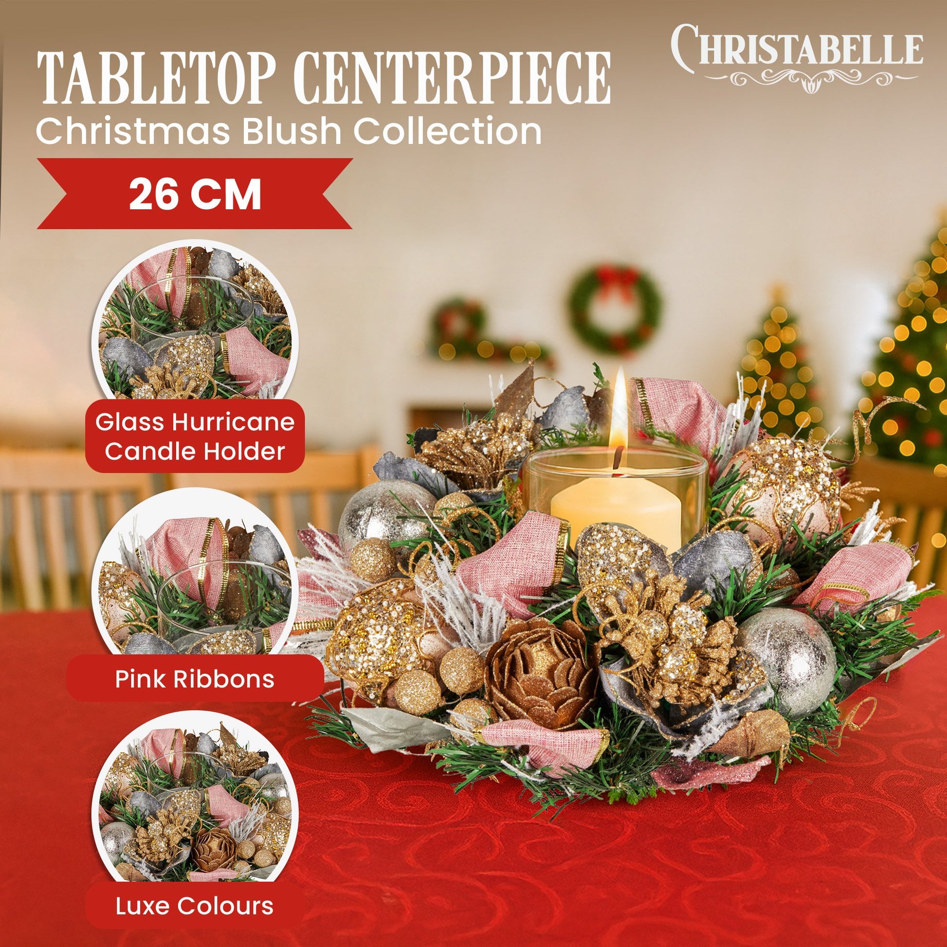 Christabelle 26cm Christmas Centrepiece Lush Green Holiday w/Jewelled Baubles, Foliage, Flowers, Pine Cones, Ribbon - Image 2