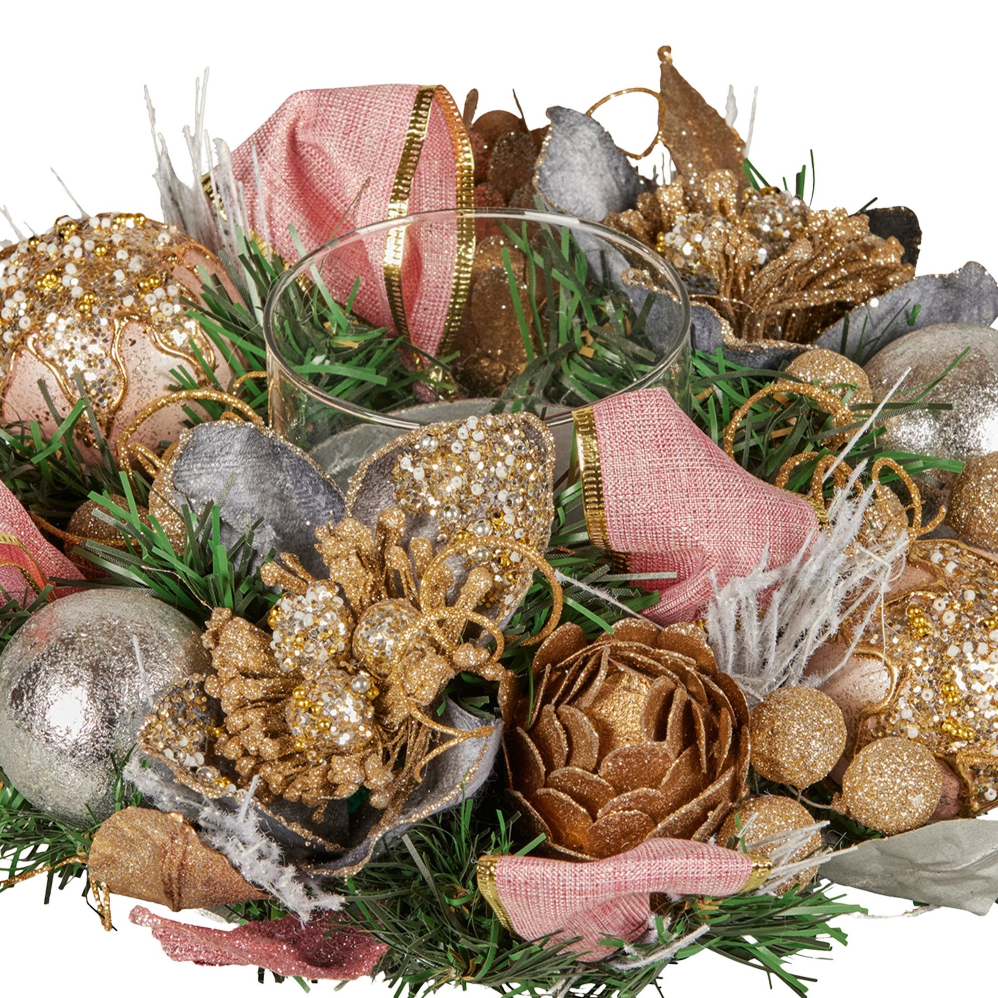 Christabelle 26cm Christmas Centrepiece Lush Green Holiday w/Jewelled Baubles, Foliage, Flowers, Pine Cones, Ribbon - Image 3