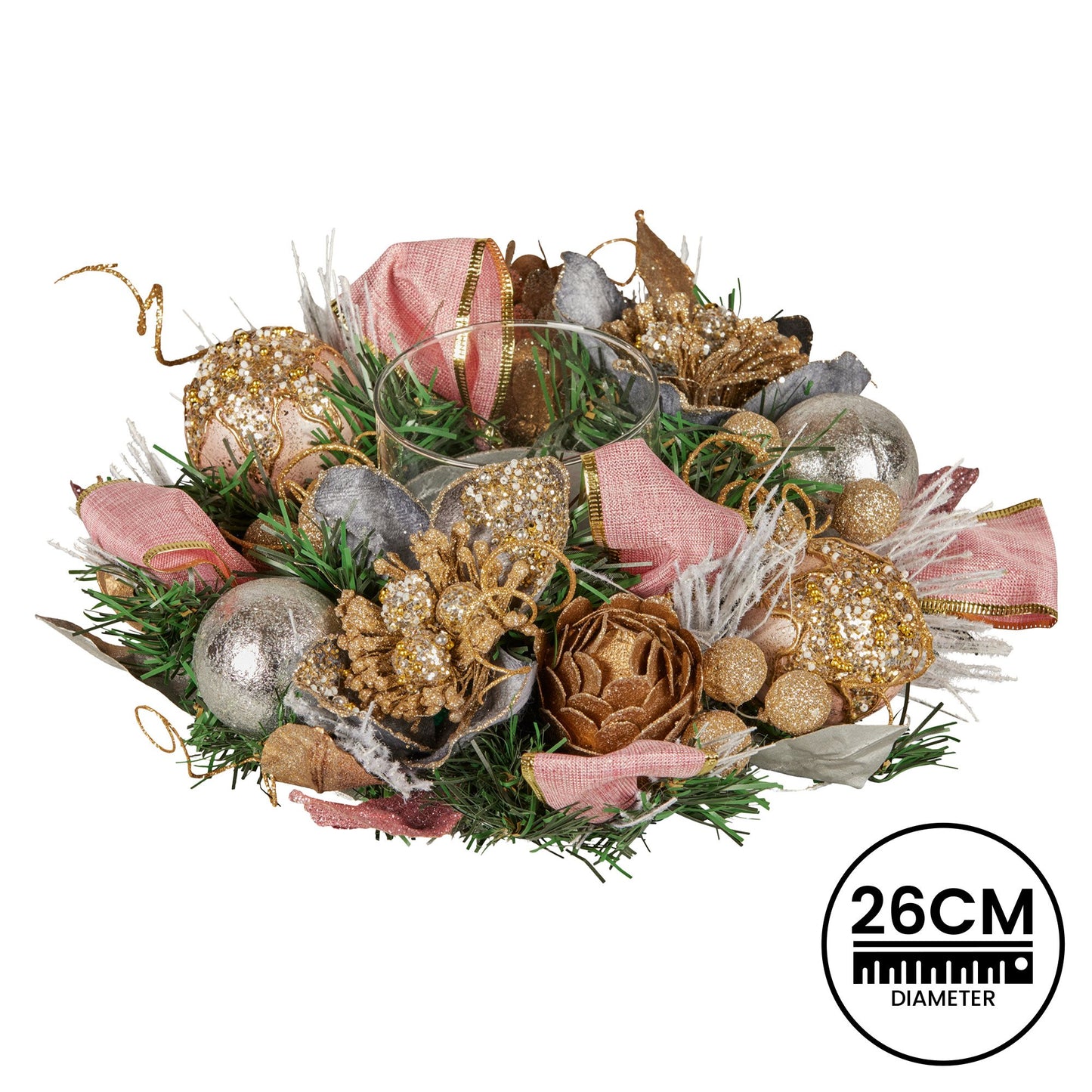 Christabelle 26cm Christmas Centrepiece Lush Green Holiday w/Jewelled Baubles, Foliage, Flowers, Pine Cones, Ribbon - Image 4
