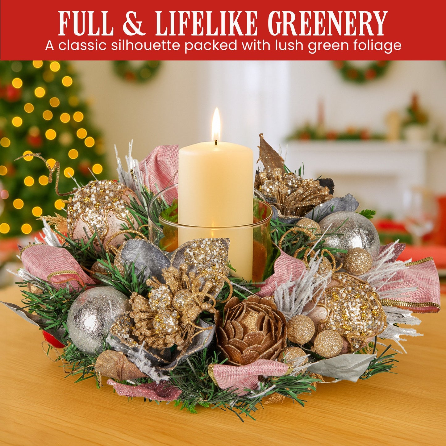 Christabelle 26cm Christmas Centrepiece Lush Green Holiday w/Jewelled Baubles, Foliage, Flowers, Pine Cones, Ribbon - Image 5