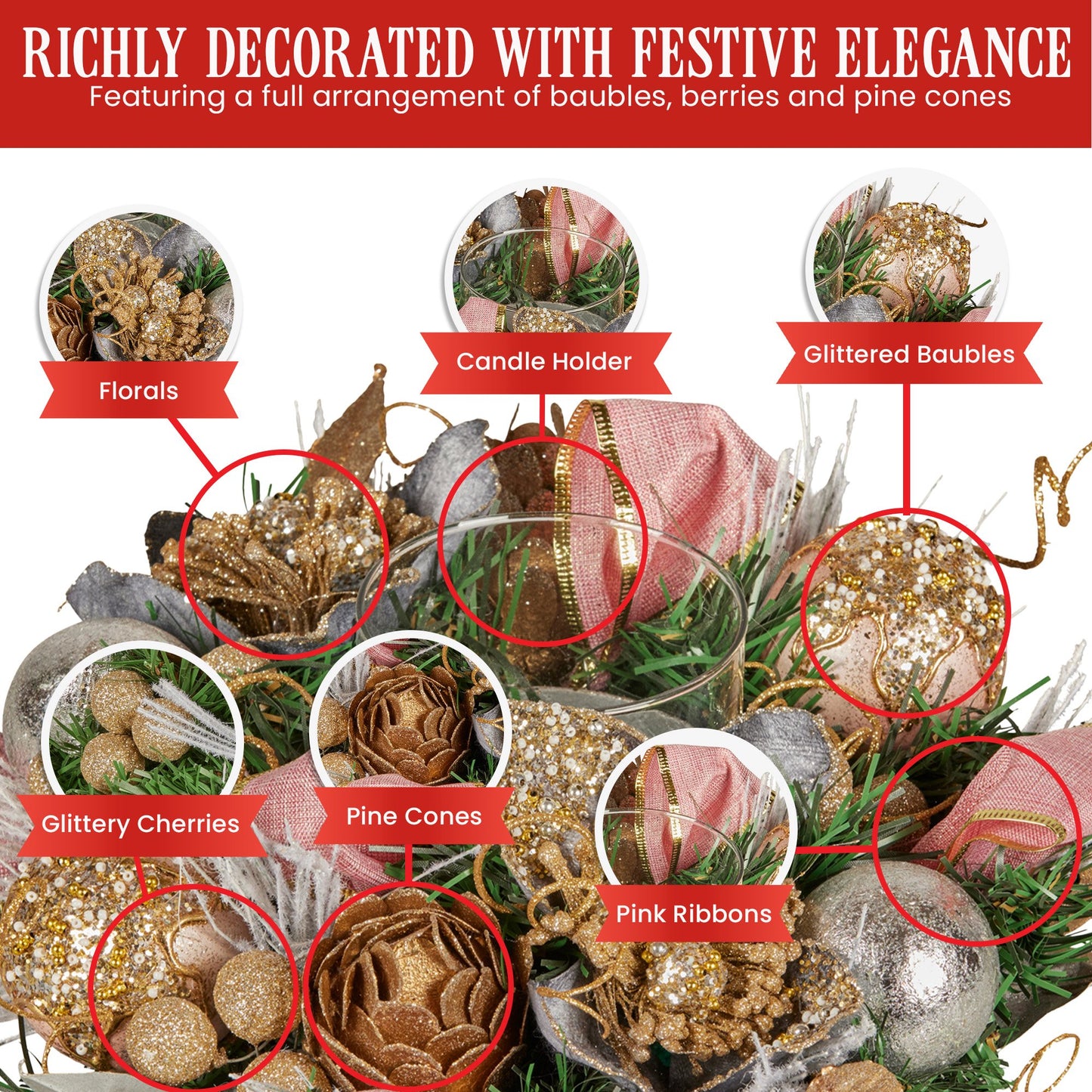 Christabelle 26cm Christmas Centrepiece Lush Green Holiday w/Jewelled Baubles, Foliage, Flowers, Pine Cones, Ribbon - Image 6
